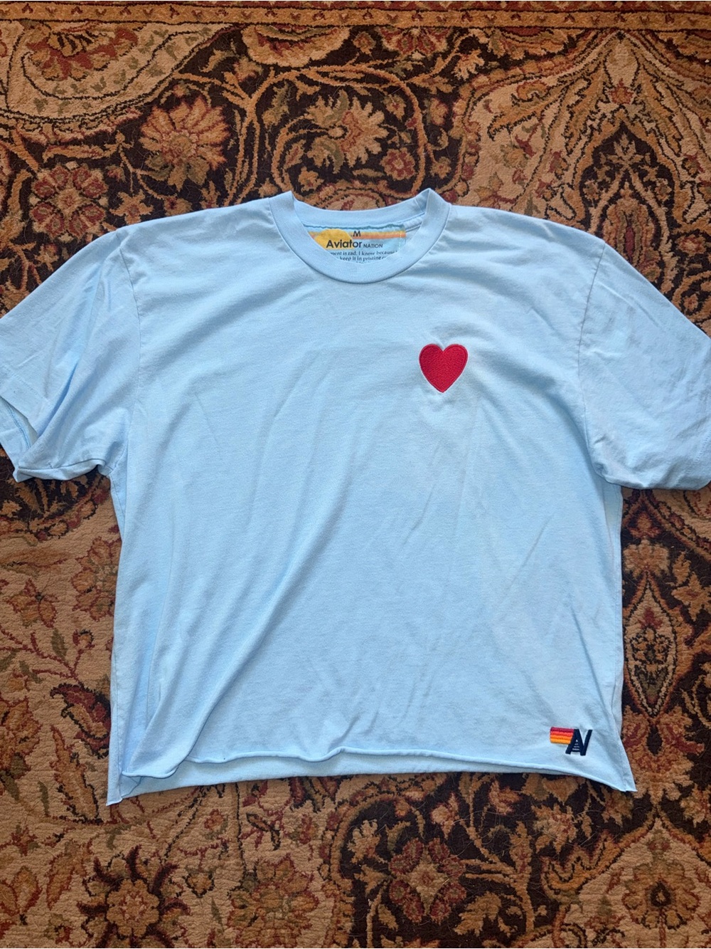 Aviator Nation Light Blue Tee with Red Heart Patch and Multicolor Hem Logo